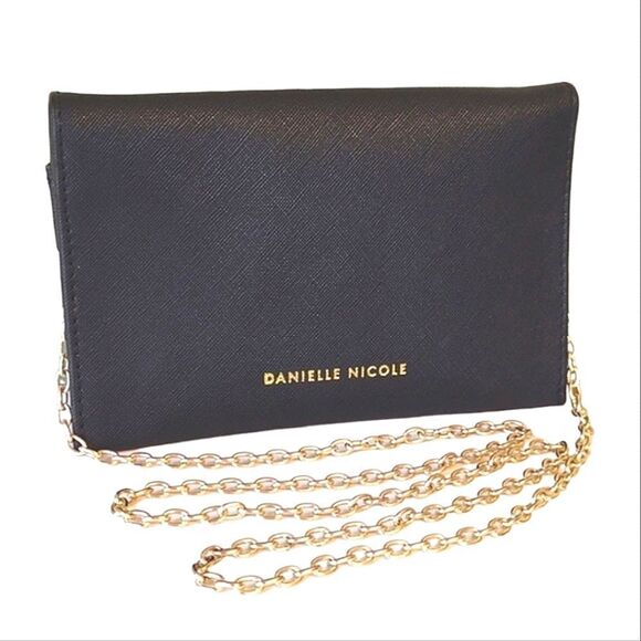 Danielle Nicole Black Vegan Gold Accent Evening Envelope Clutch with Chain - Picture 3 of 13